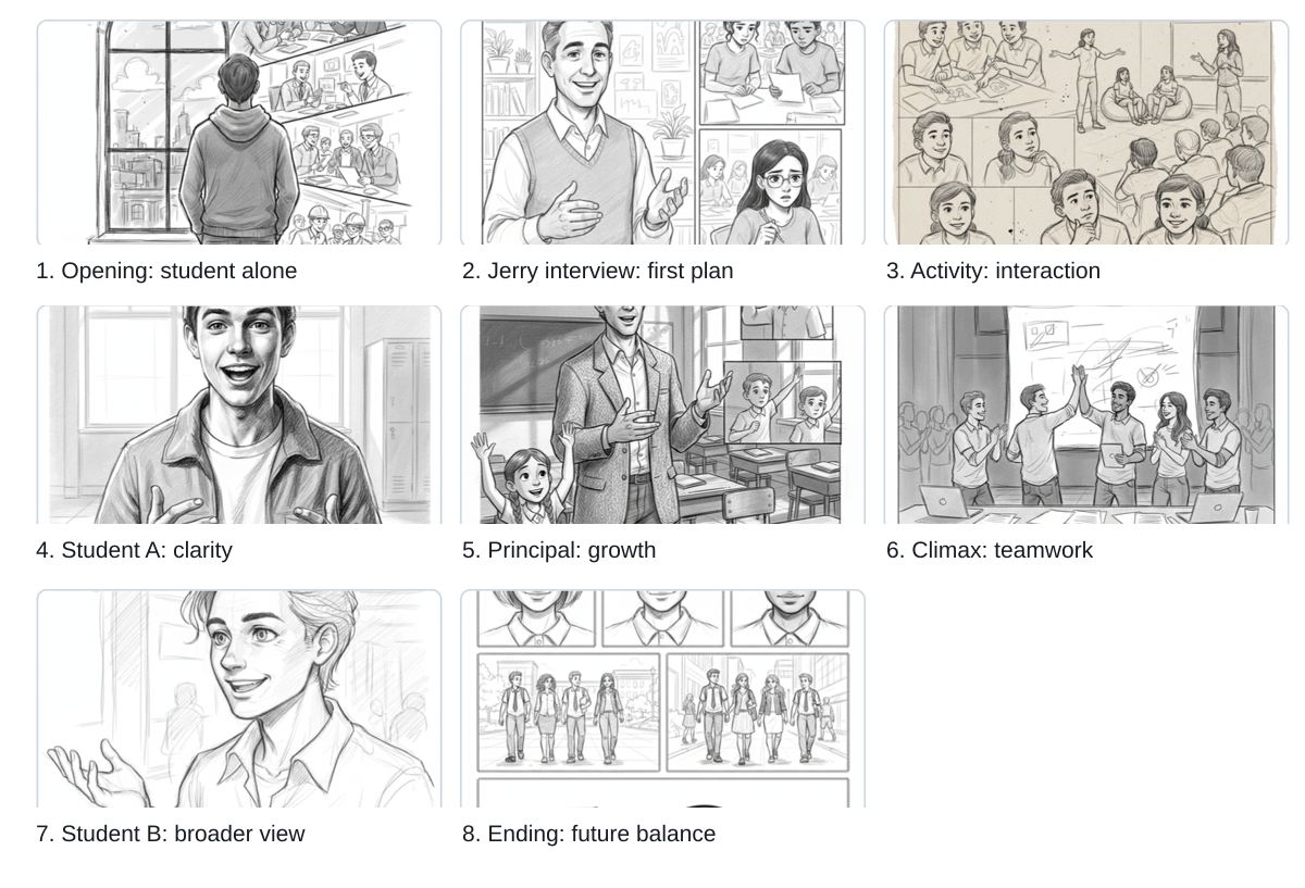 ② Storyboard sketch flow: the whole video’s shot order, visualised (NGO recruitment sample).