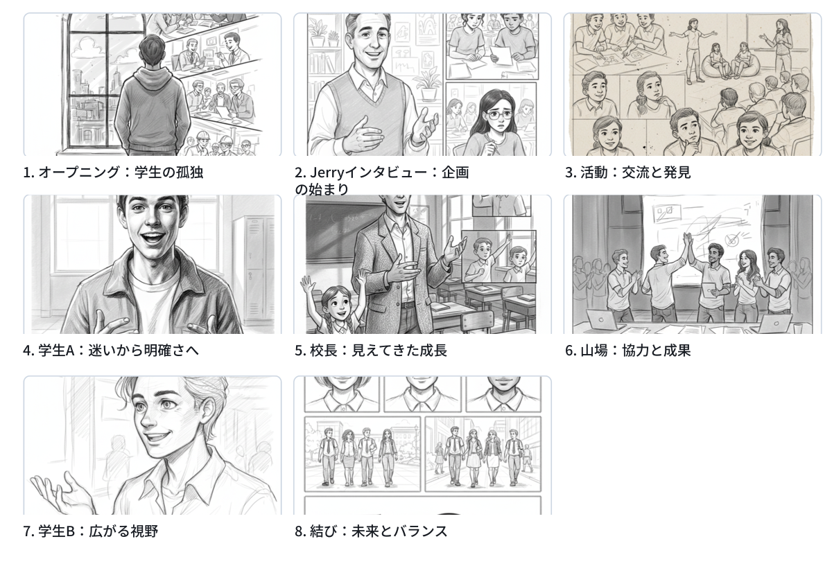 ② 絵コンテのスケッチフロー：動画全体のカット順を可視化（NGO募集動画の例）。