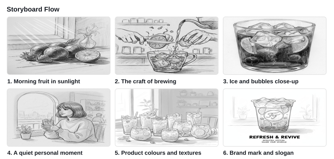 ③ Per-frame sketches: a quick sketch of each scene to communicate the intended shots.