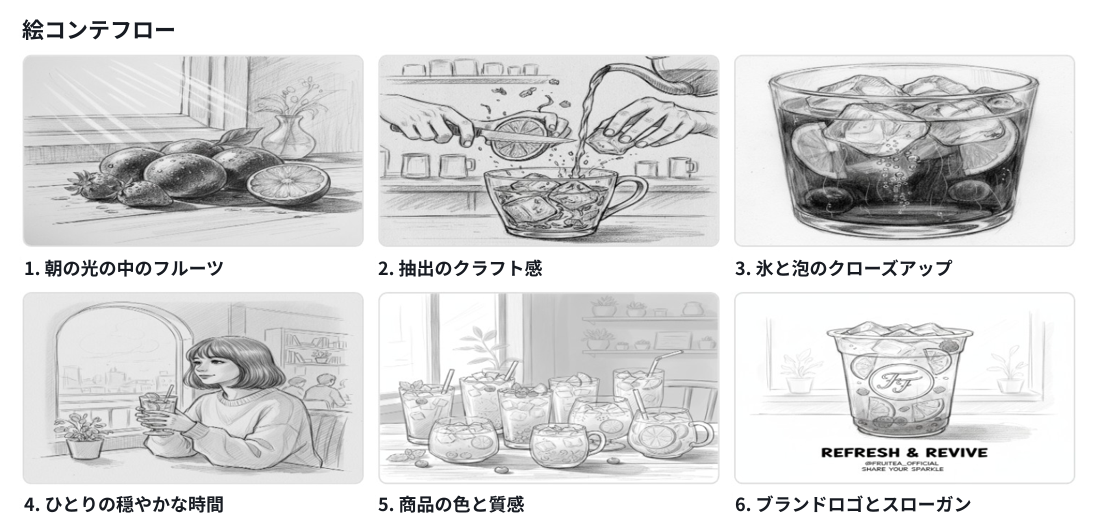 ③ カットごとのスケッチ：各シーンを手早く描き、撮りたい画を共有しやすく。